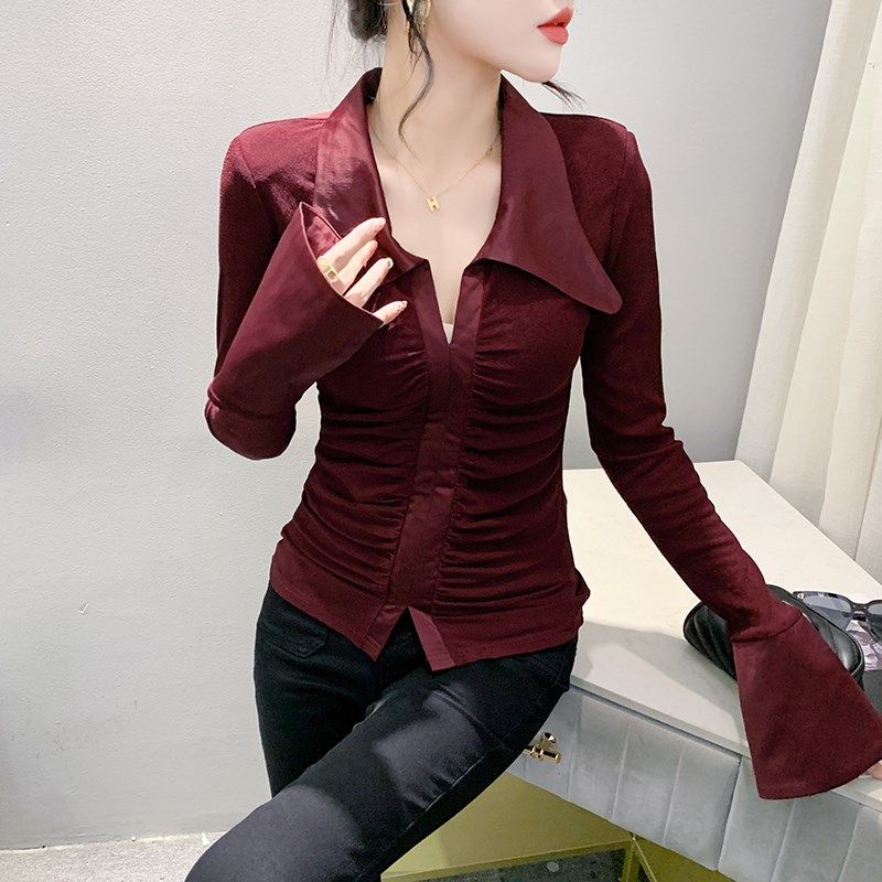 2024秋冬时尚拼接喇叭袖长袖T恤女褶皱V领上衣百搭修身显瘦打底衫,女装/女士精品,T恤,淘宝优惠券,粉丝福利购,淘宝优惠卷