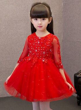 儿童礼服女童晚礼服婚纱红色公主裙蓬蓬纱花童主持人生日钢琴演出
