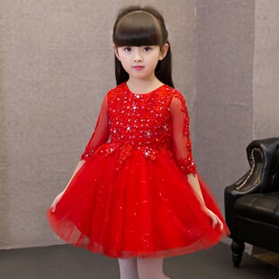 儿童礼服女童晚礼服婚纱红色公主裙蓬蓬纱花童主持人生日钢琴演出