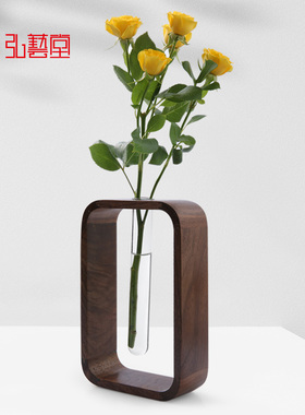 弘艺堂实木中式花瓶创意桌面摆件装饰干花插花器透明玻璃水培绿植
