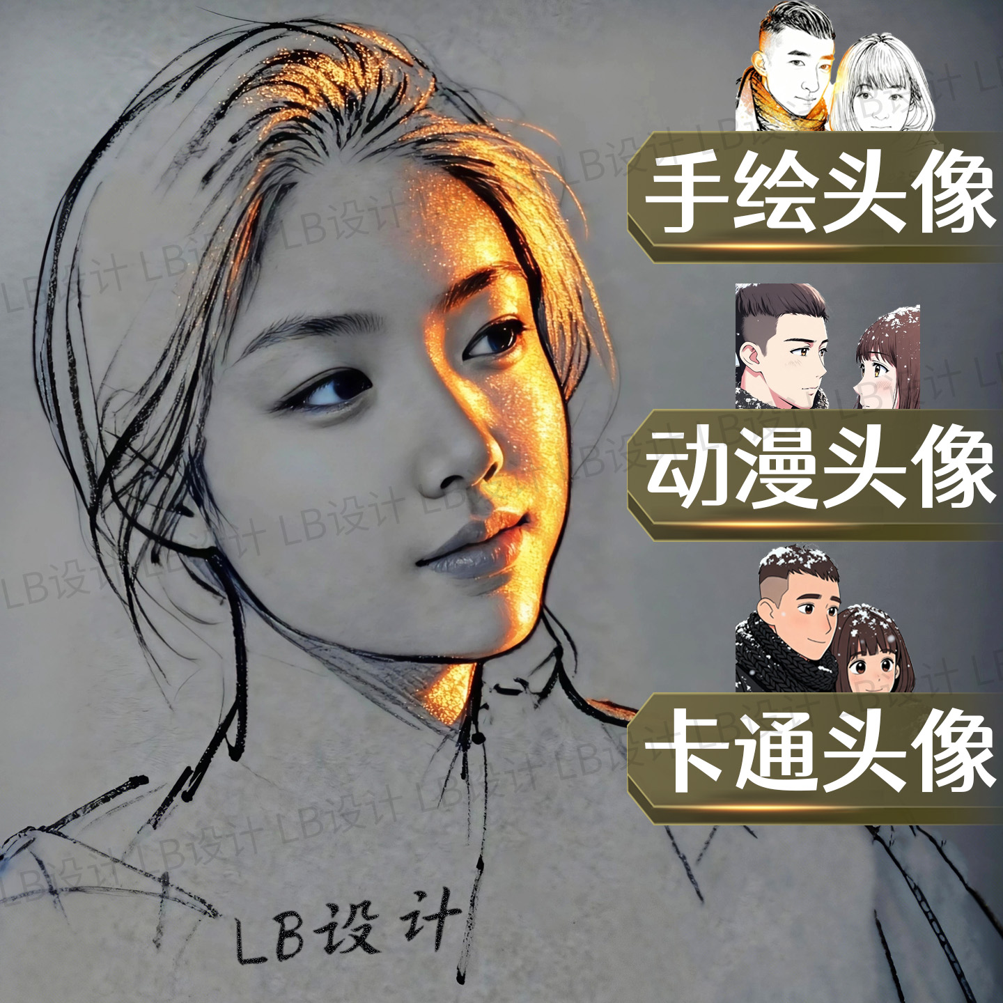 手绘头像定制简笔画情侣真人照片转卡通漫画Q版人物动漫风格设计
