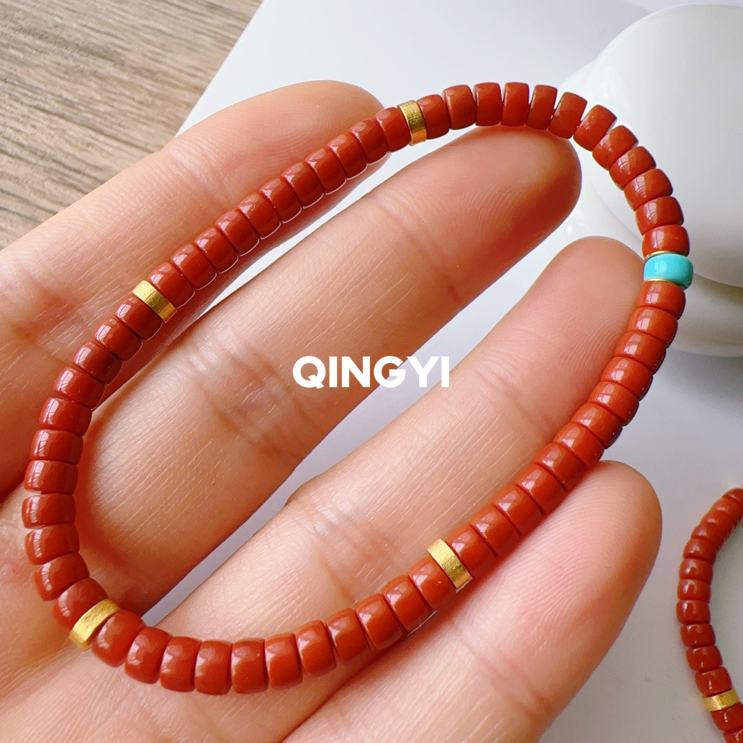 天然正品满色满肉南红玛瑙直切手链 18k金绿松石药片珠手串女款