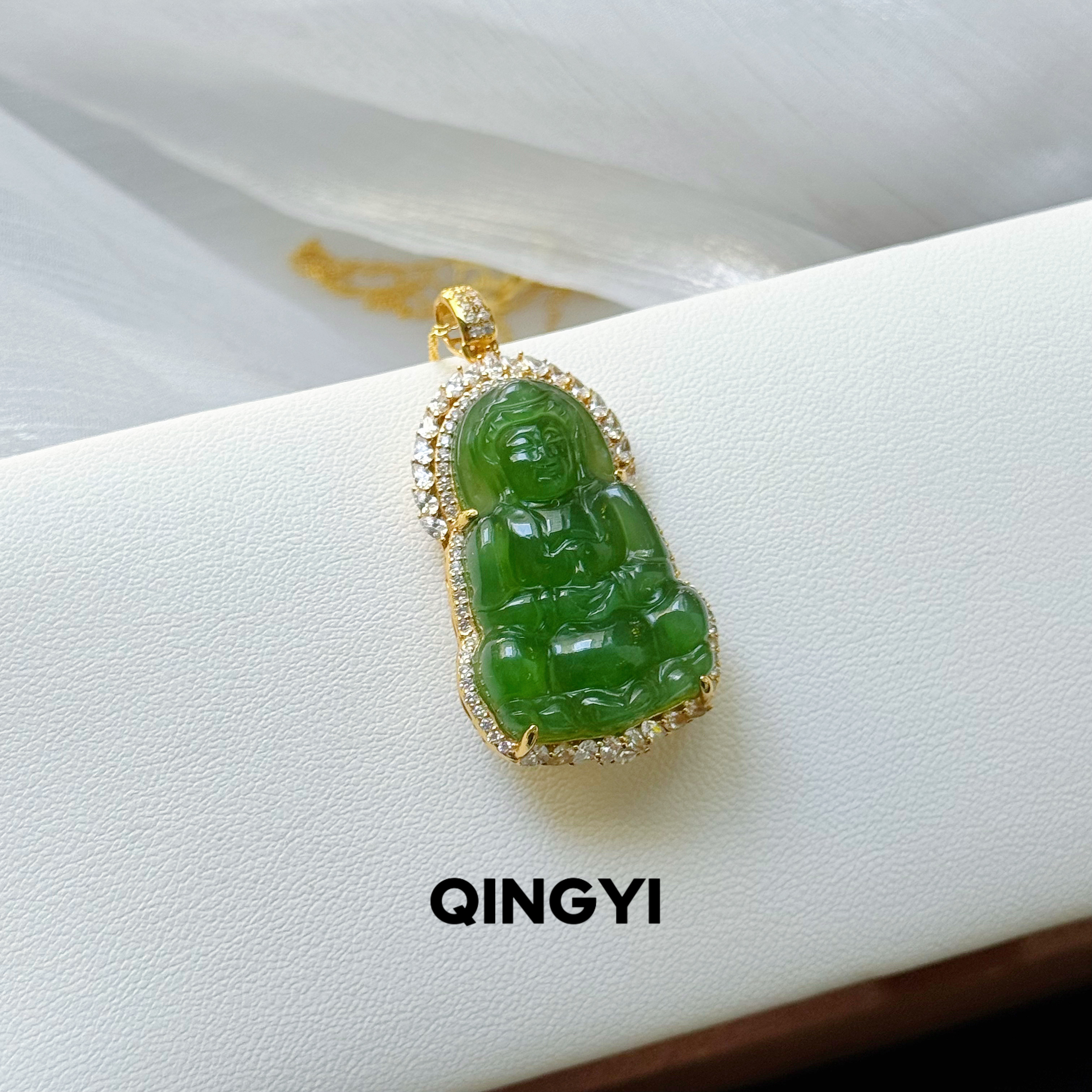 天然俄料和田玉碧玉观音吊坠s925银镶男女款玉石挂件送朋友长辈
