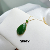 天然俄料和田玉碧玉水滴吊坠18k金女款 菠菜绿玉石挂件送朋友礼物
