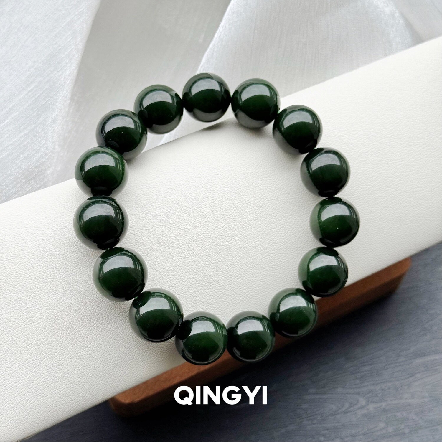 天然俄料和田玉老矿料碧玉深绿猫眼手串15mm男款素圈圆珠玉石手链