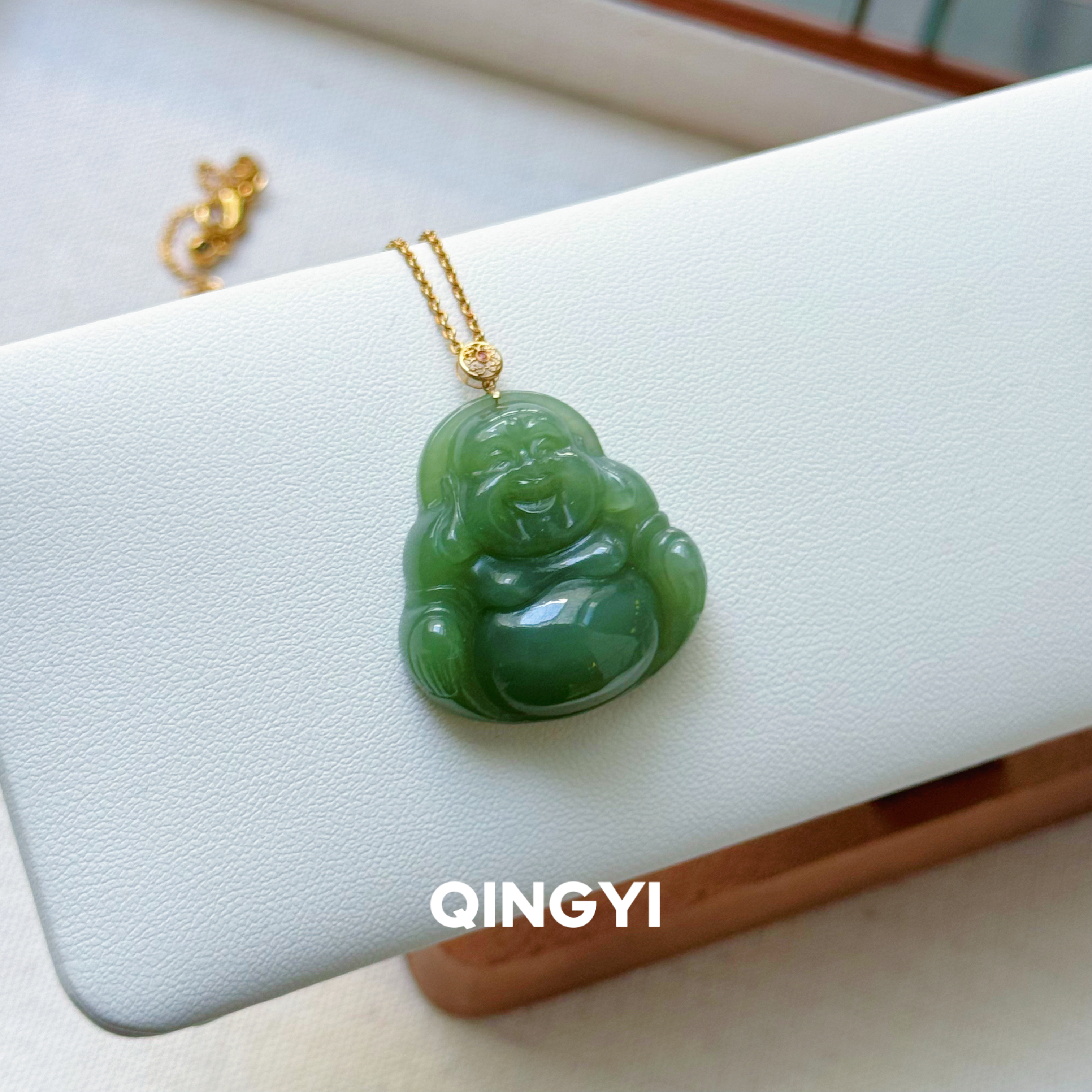 天然新疆和田玉碧玉佛公吊坠18K金女款弥勒佛玉石挂件玉坠送女友