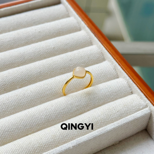 天然青海料和田玉藕粉方糖戒指s925银女款玉石指环手饰送朋友礼物