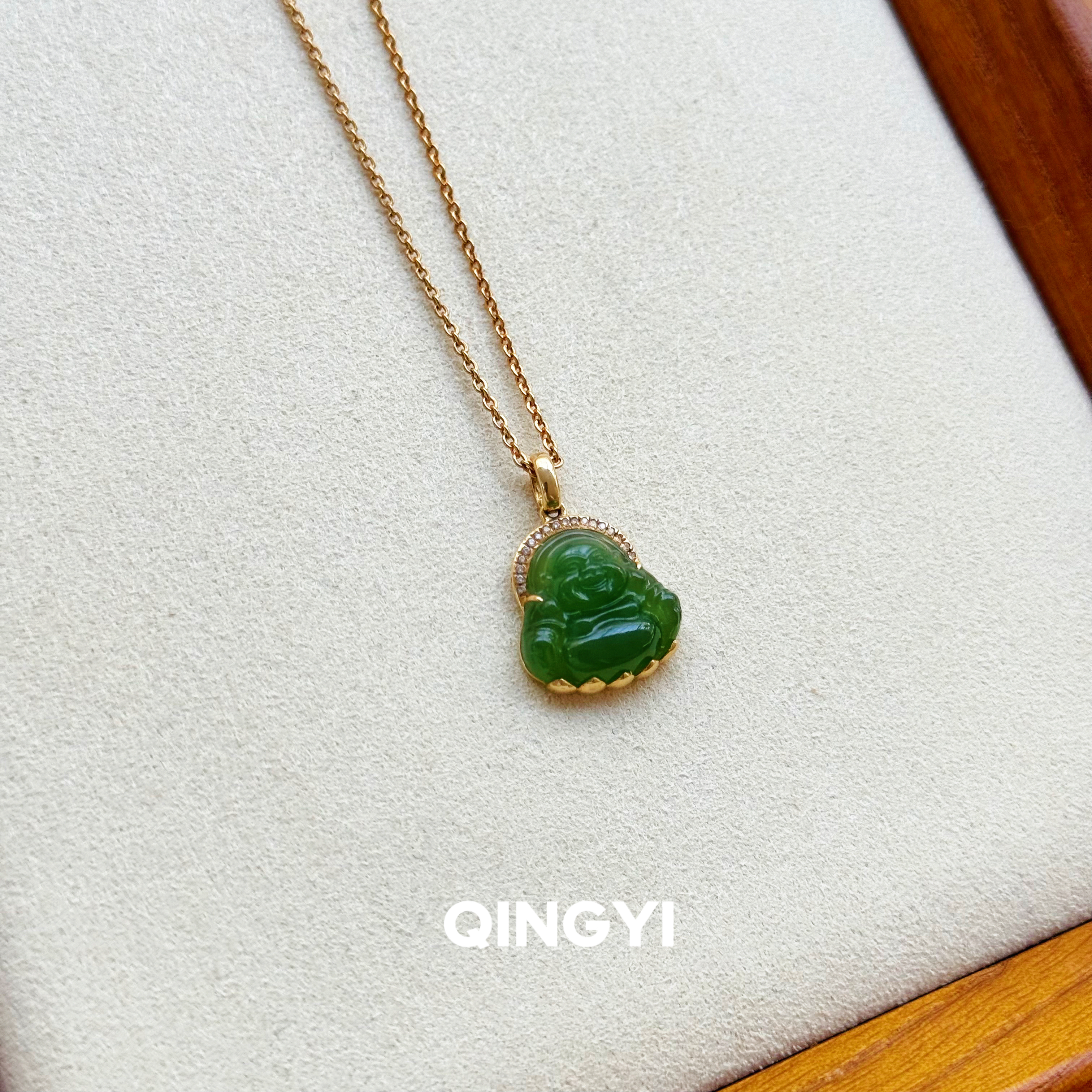 天然正品新疆和田玉碧玉弥勒佛吊坠18k金佛公玉石挂件女款送朋友