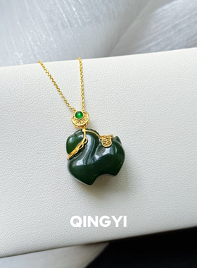 天然俄料和田玉碧玉马吊坠男女款菠菜绿18k金玉石挂件玉坠送礼物