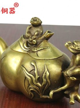 宇卓铜器 纯铜壶黄铜壶铜寿桃猴子壶铜壶茶壶工艺品摆件