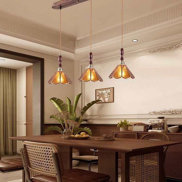 美式复古餐厅灯可移动轨道吧台餐桌吊灯中古风胡桃木三头饭厅灯具