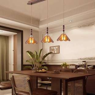 美式复古餐厅灯可移动轨道吧台餐桌吊灯中古风胡桃木三头饭厅灯具