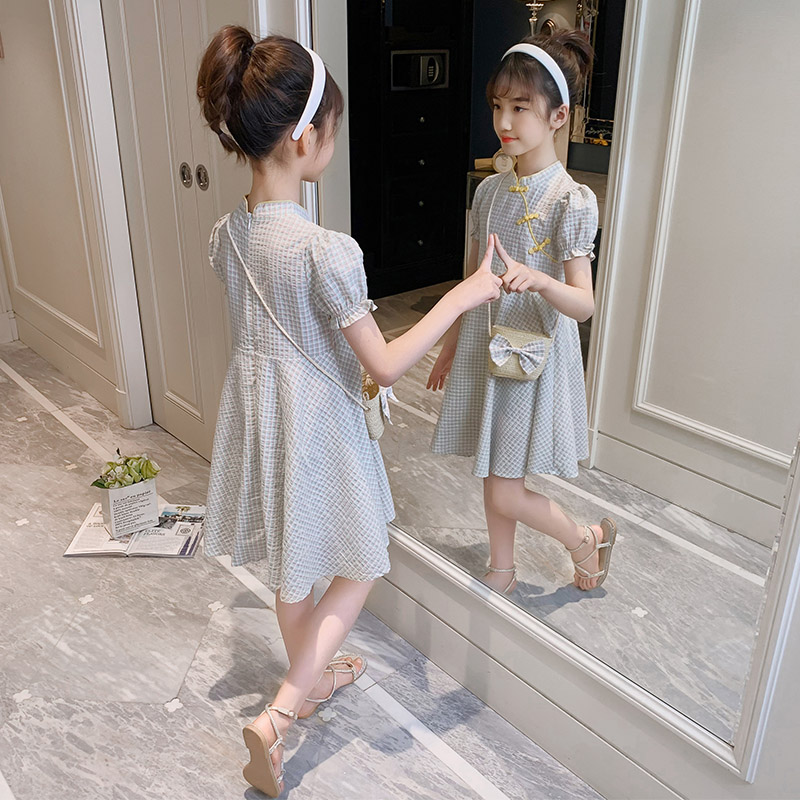 女童旗袍连衣裙夏装2021新款洋气汉服中大儿童格子夏季女孩公主裙