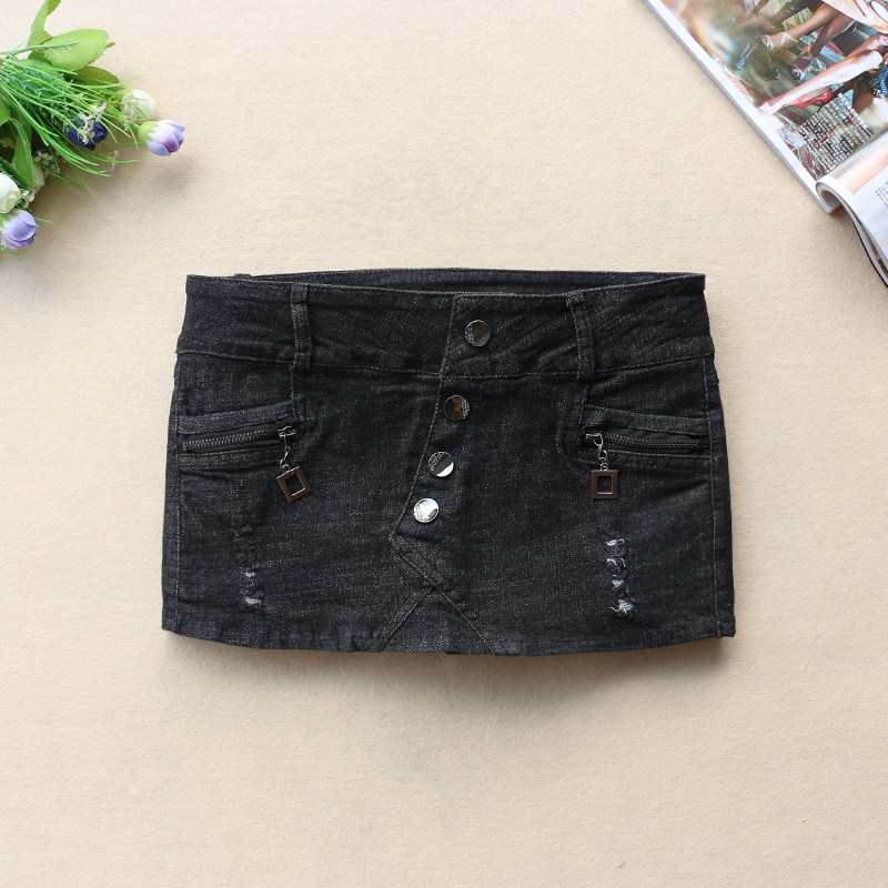 新款黑色破洞牛仔裤裙裤女低腰百搭弹力假两件防走光超短裤短裙