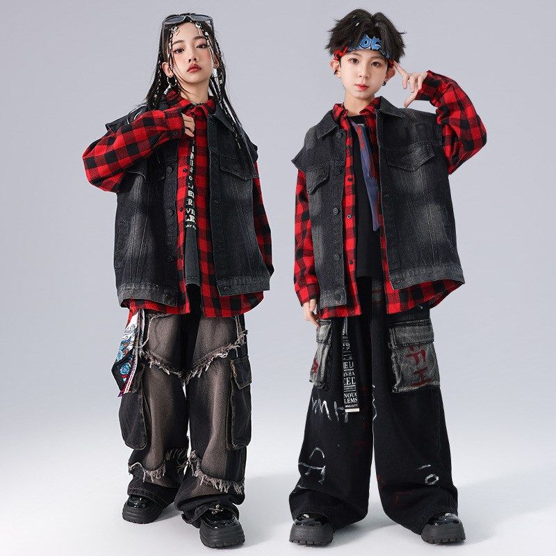 少儿街舞嘻哈hiphop演出服架子鼓牛仔马甲裤子套装红格子衬衫亮眼,童装/婴儿装/亲子装,儿童演出服,淘宝优惠券,粉丝福利购,淘宝优惠卷