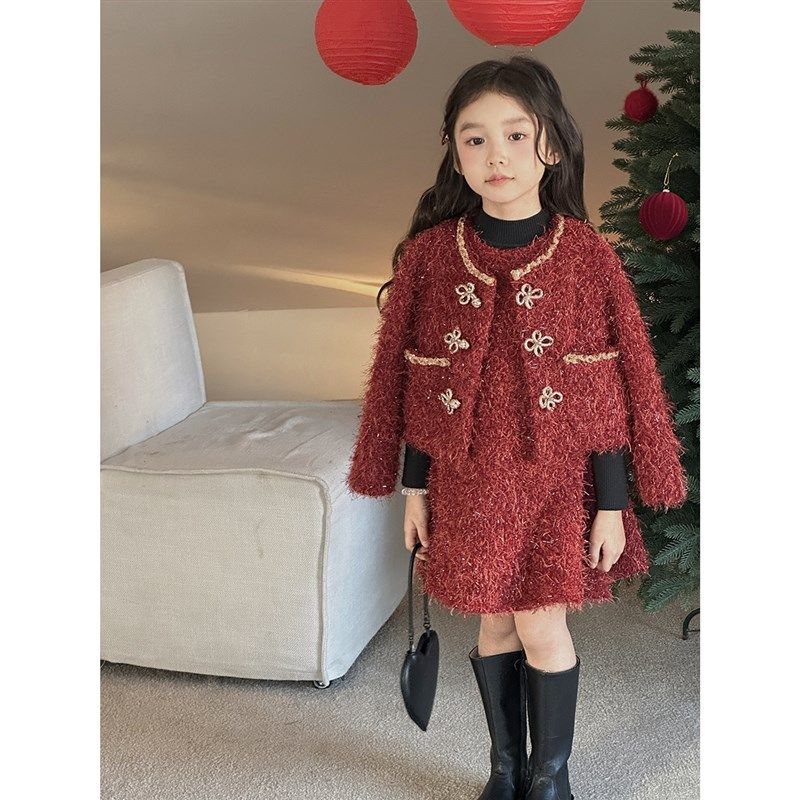 YFY女童冬季新款红色高级圣诞新年套装背心裙外套喜庆毛绒感礼服