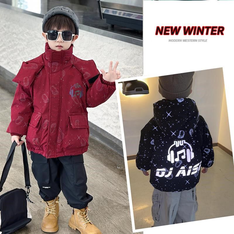 男童羽绒服中长款宝宝冬季外套保暖反光红色连帽2024新款男孩冬装