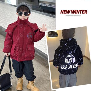 男童羽绒服中长款宝宝冬季外套保暖反光红色连帽2024新款男孩冬装