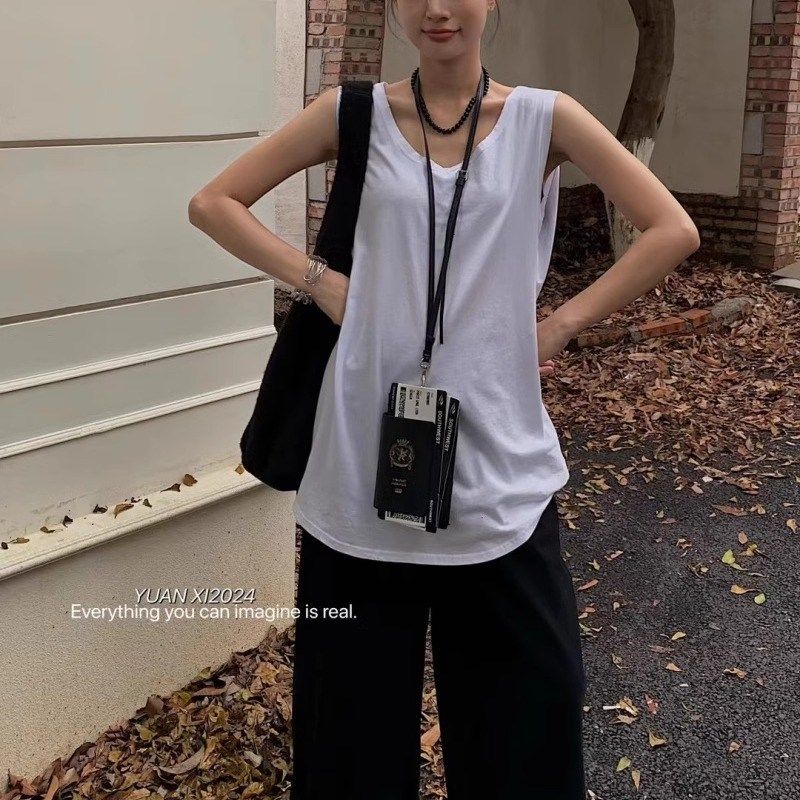 元熙8209白色内搭叠穿露白边中长款纯棉背心女宽松打底衫无袖T恤
