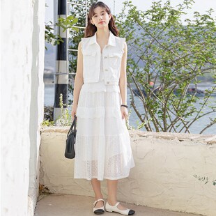 2025早春马甲背心白色牛仔外套配长裙两件套女短外套吊带裙子套装
