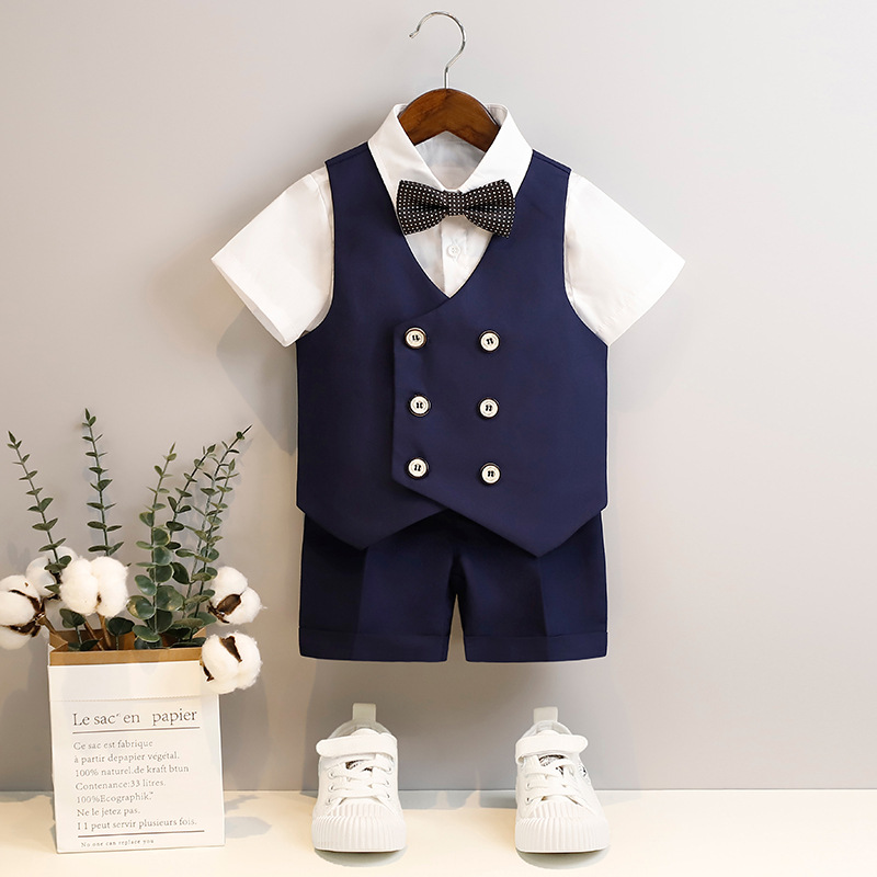 夏季男童礼服儿童生日西装马甲衬衫演出服装套装男孩宝宝花童婚礼