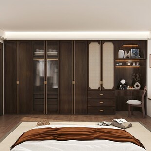 新中式 实木大衣柜家用卧室玻璃门衣橱梳妆台书桌一体衣帽间组合柜