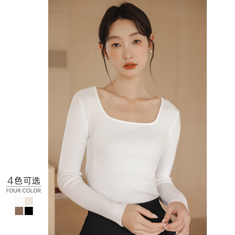 方领毛衣女2024秋冬新款长袖短款修身内搭套头白色打底针织衫上衣