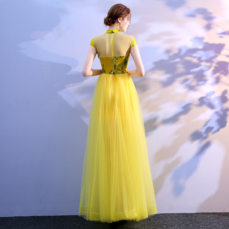 中式礼仪礼服2021年会舞台礼服长款走秀民乐演出服飘沙旗袍短款