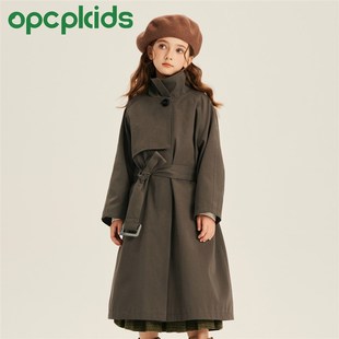 OPCP童装复古立领风衣女童春季新款英伦风百搭大衣男童中长款外套