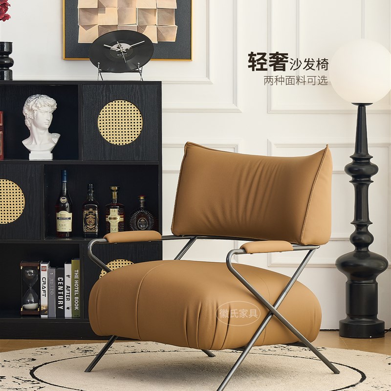 全真牛皮单人沙发椅轻奢客厅v生态皮休闲椅客厅阳台椅洽谈椅接待