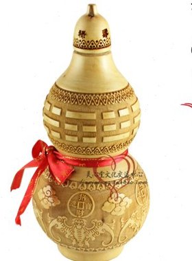 雕刻 开口 桃木 葫芦 工艺品 17cm 五福临门 招财 摆件