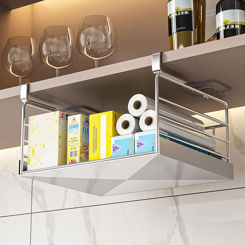 304不锈钢橱柜下挂架悬挂收纳柜C内分层架免打孔吊柜下挂篮置物架