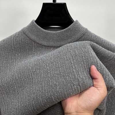 一体绒白色半高领毛衣男秋冬季加绒加厚打底衫男修身保暖针织线衣