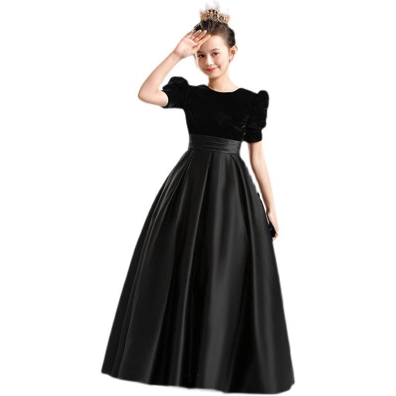 黑色女童晚礼服公主裙主持人礼服秋冬小提琴音乐团演出钢琴演奏服