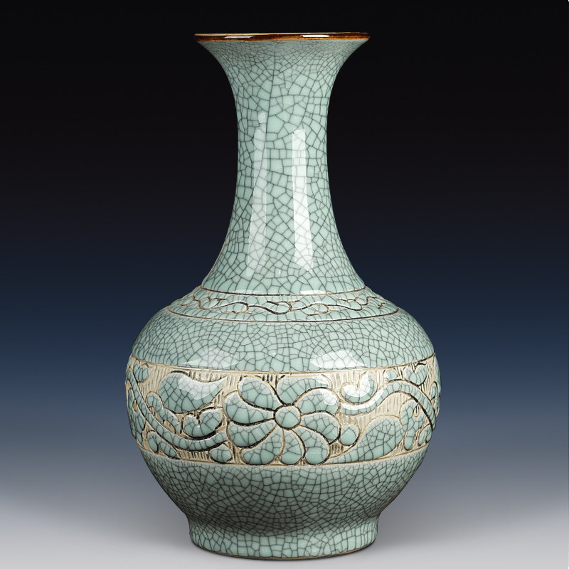 景德镇陶瓷器花瓶手工雕刻复古做旧瓷瓶子赏瓶古典客厅装饰品摆件