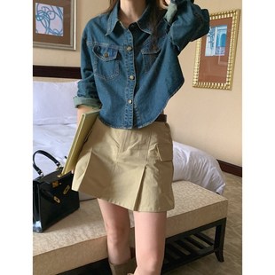 高级感复古港风洋气气质宽松休闲长袖翻领短款牛仔外套衬衫上衣女