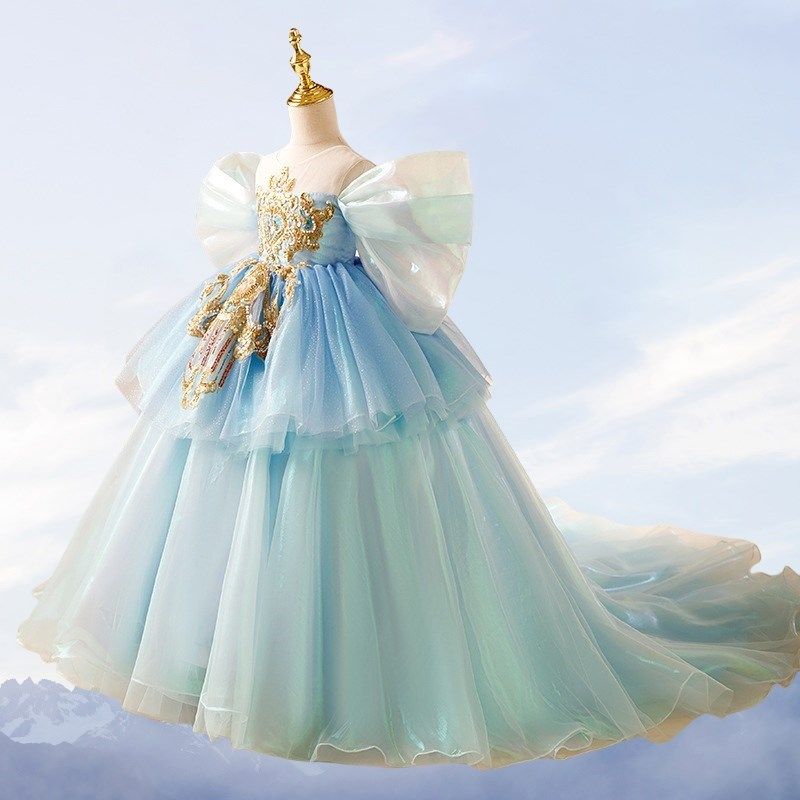 轻奢礼服女童生日公主裙儿童拖尾连衣裙蓝色晚礼服钢琴演奏主持人