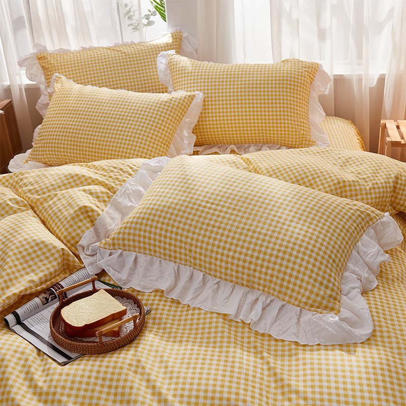 柠萌黄格子全棉水洗棉枕套一对装荷叶花边单人枕芯套48*74cm枕皮