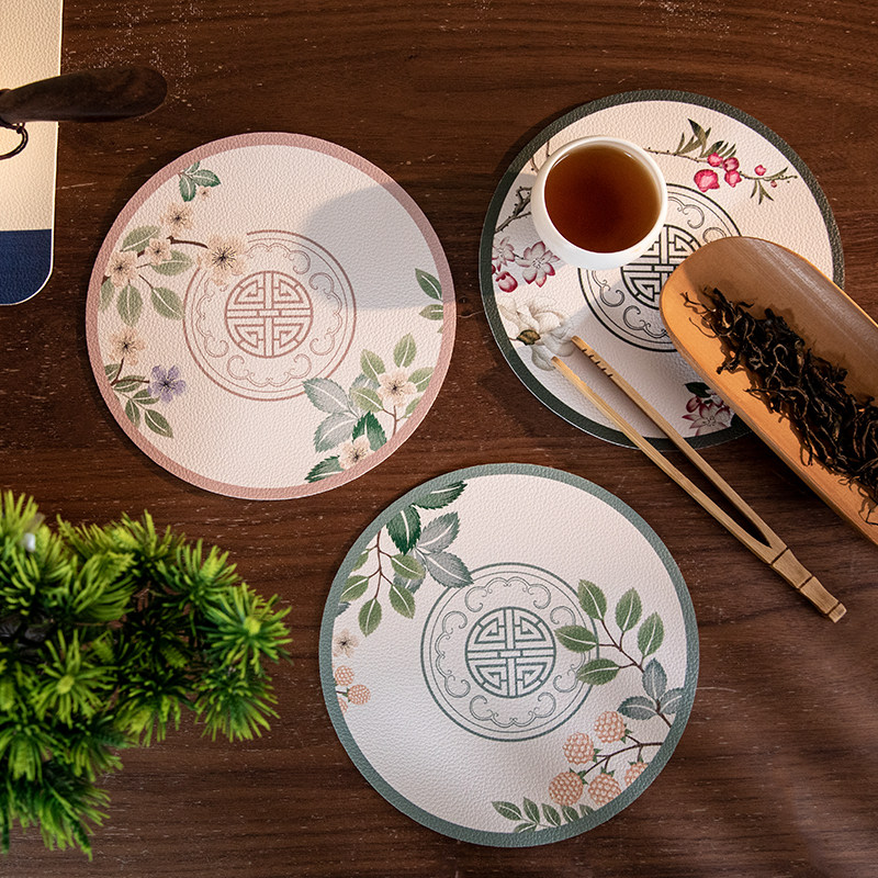 皮革餐垫隔热桌垫新中式禅意圆形茶几垫免洗防水防油餐具垫杯垫,居家布艺,餐垫,淘宝优惠券,粉丝福利购,淘宝优惠卷