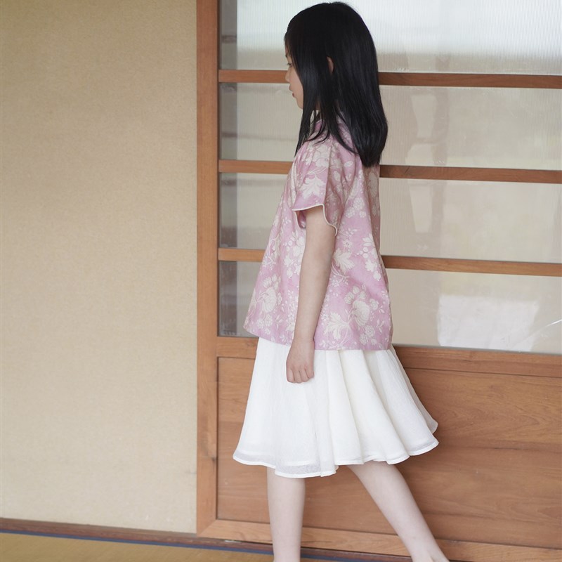 2024满呐夏季新品女童民国中式复古旗袍上衣倒大袖短袖花朝油画感