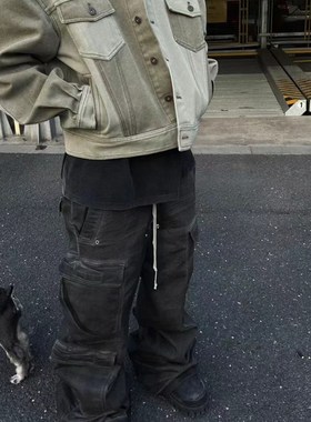 RO风格水洗烟灰色渐变多口袋工装直筒休闲抽绳阔腿喇叭宽松牛仔裤