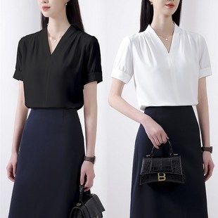 内搭上衣夏款 短袖 套头V领衬衣职业西装 女夏宽松女士大码 白色衬衫