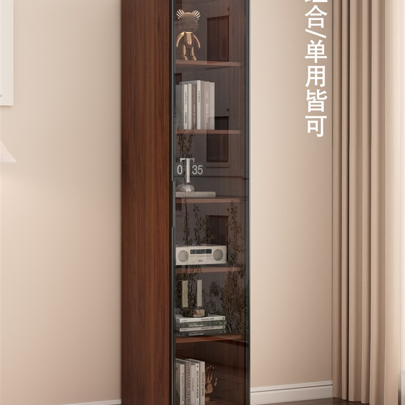 新型书柜带玻璃门落地家用客厅一体整墙到顶实木书架靠墙展示酒柜