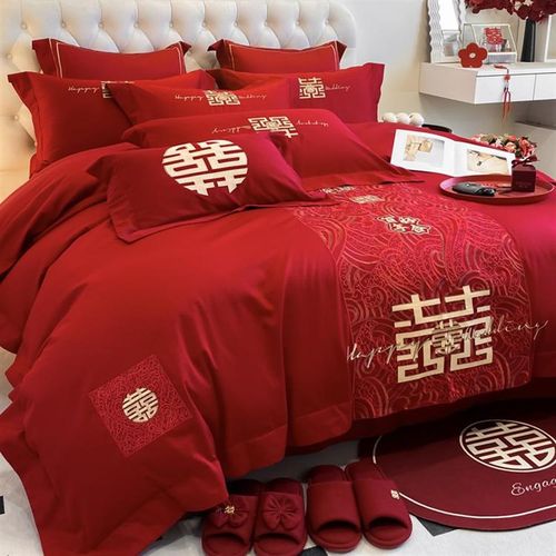 中式龙凤刺绣纯棉婚庆四件套全棉大红色床单高档结婚喜庆被套床品
