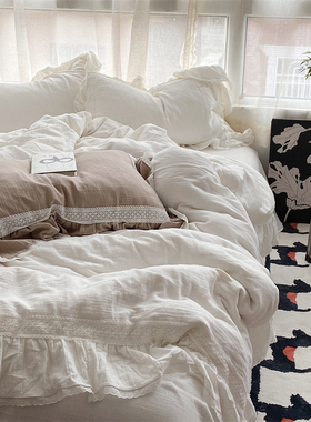 仙气满满蕾丝花边全棉双层纱四件套~ins温柔白色纯棉被套柔软床品