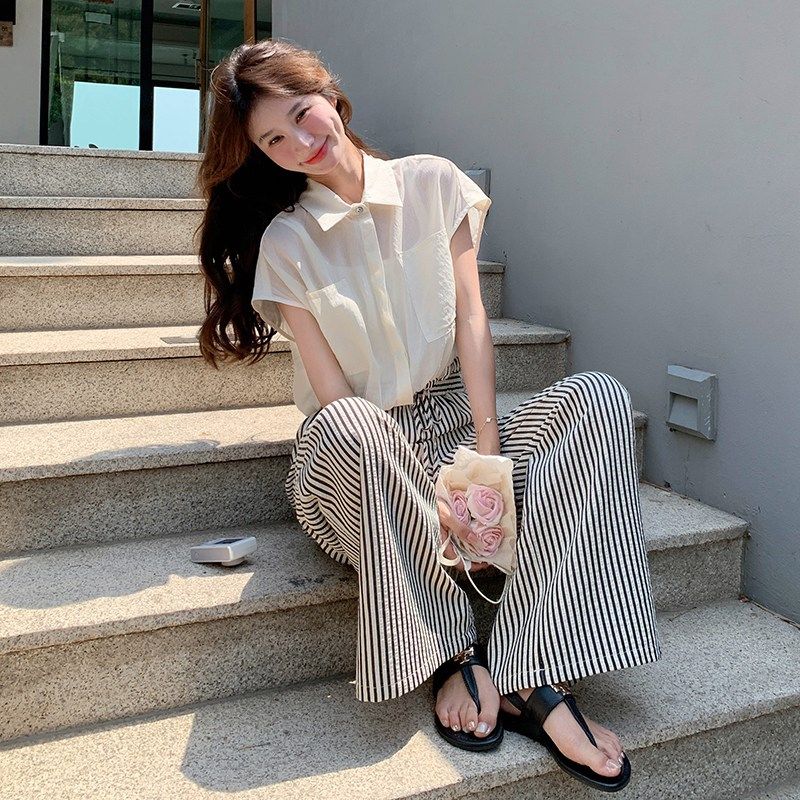 现货:夏装新款薄款衬衫+条纹阔腿裤两件套装2C135-5091P110K168,女装/女士精品,时尚套装,淘宝优惠券,粉丝福利购,淘宝优惠卷