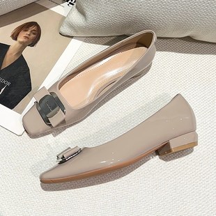 百搭浅口3cm黑色平底单鞋 女夏2024年新款 女 小方头裸色高跟鞋 法式