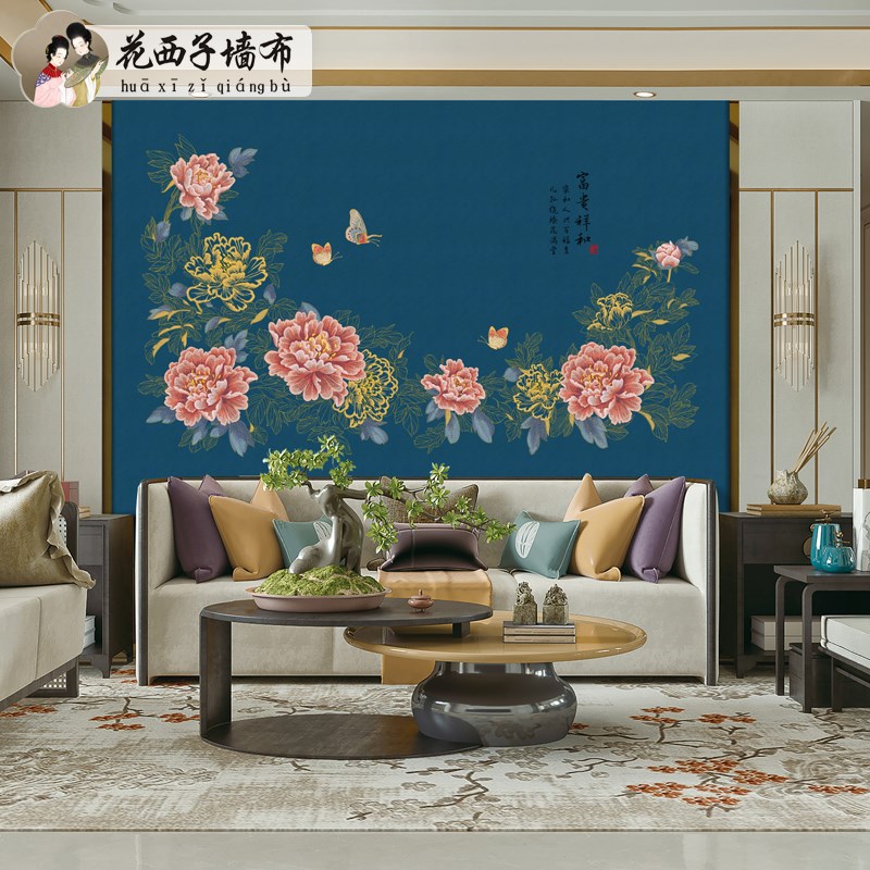 古典中式牡丹花独绣刺绣墙布书房客厅餐厅沙发电视影视背景壁布