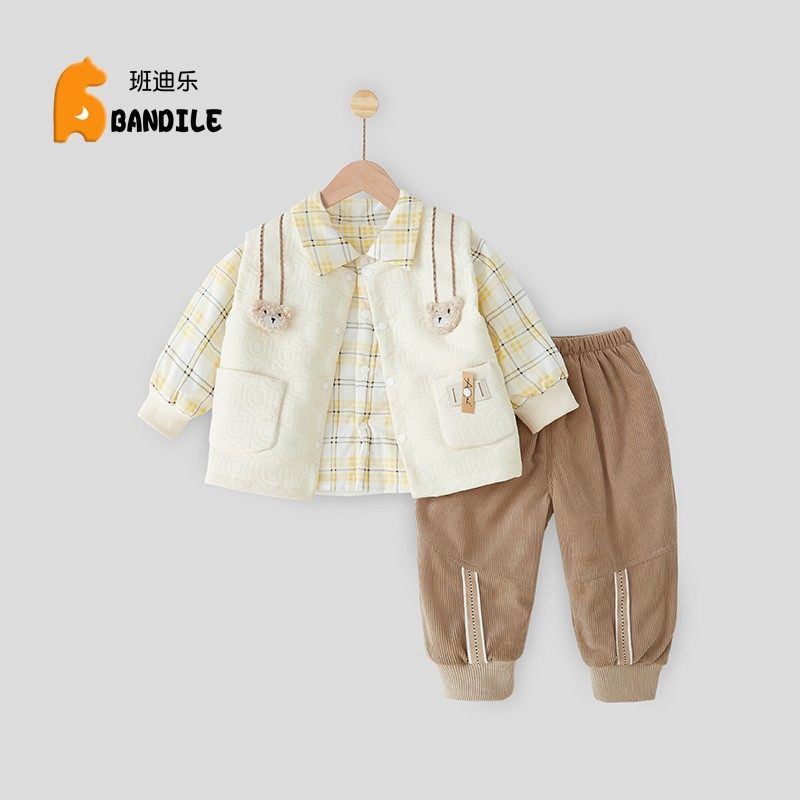 一岁婴儿分体套装宝m宝春秋外出服小男生新款夹棉三件套衬衣马甲
