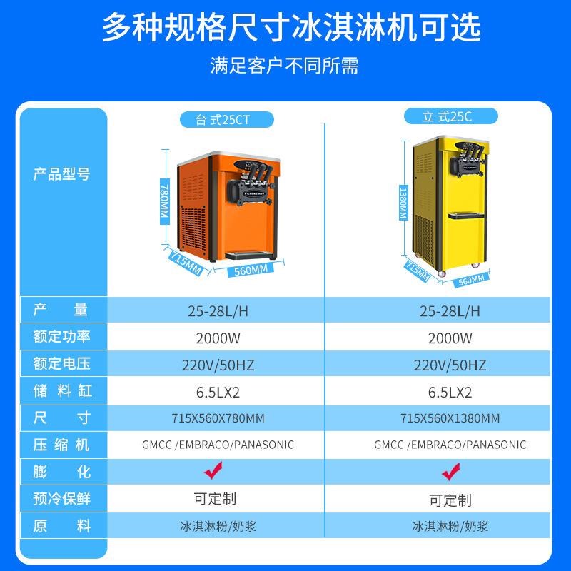 吉质软冰激凌机商用立式三头2+1口味冰淇淋机大产量自动清洗厂家